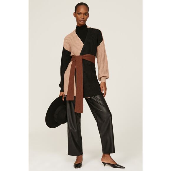 Love, Whit by Whitney Port Brown Colorblock Tie Waist Wrap Cardigan Sweater XS - Picture 1 of 13